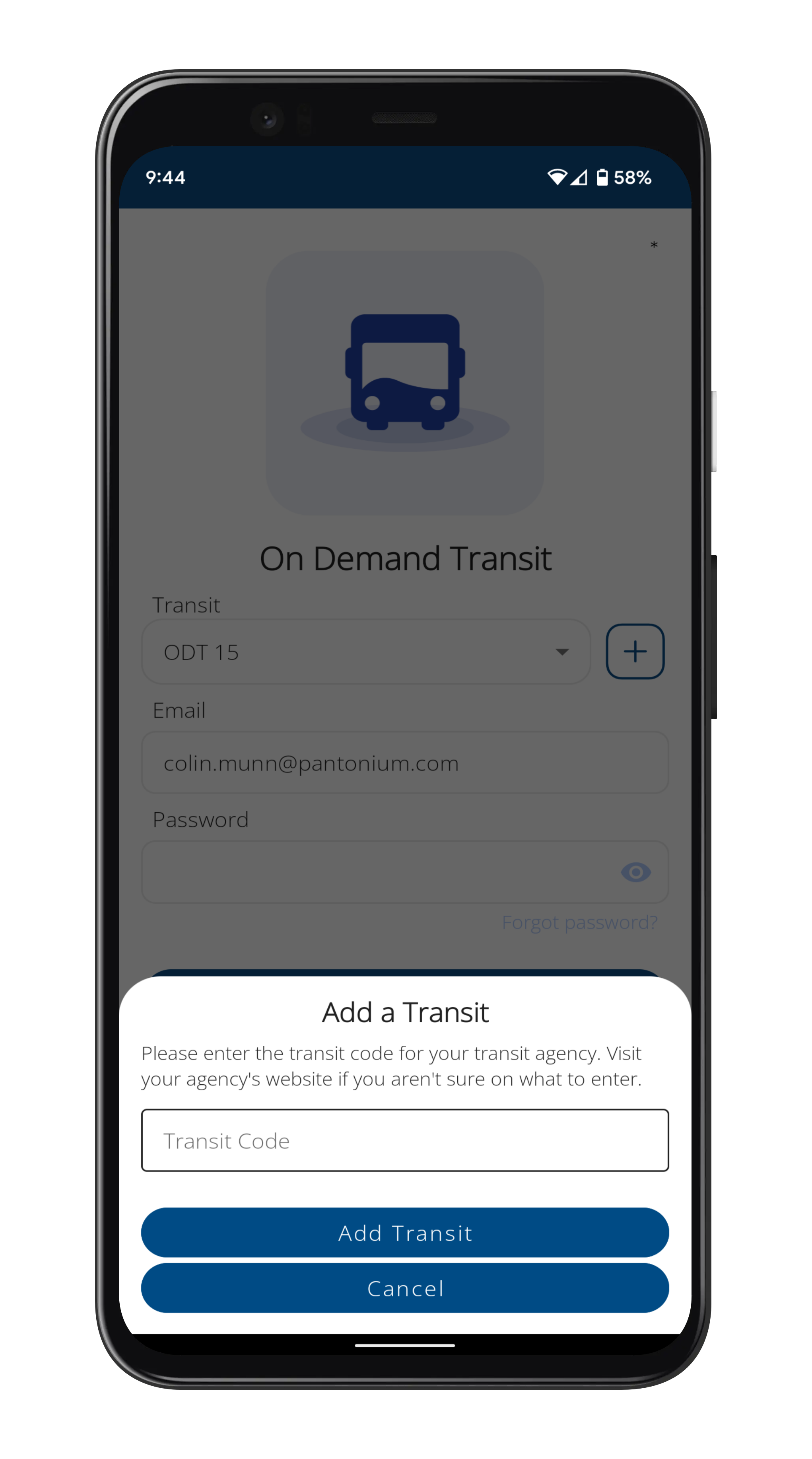 Image of transit code field on mobile app