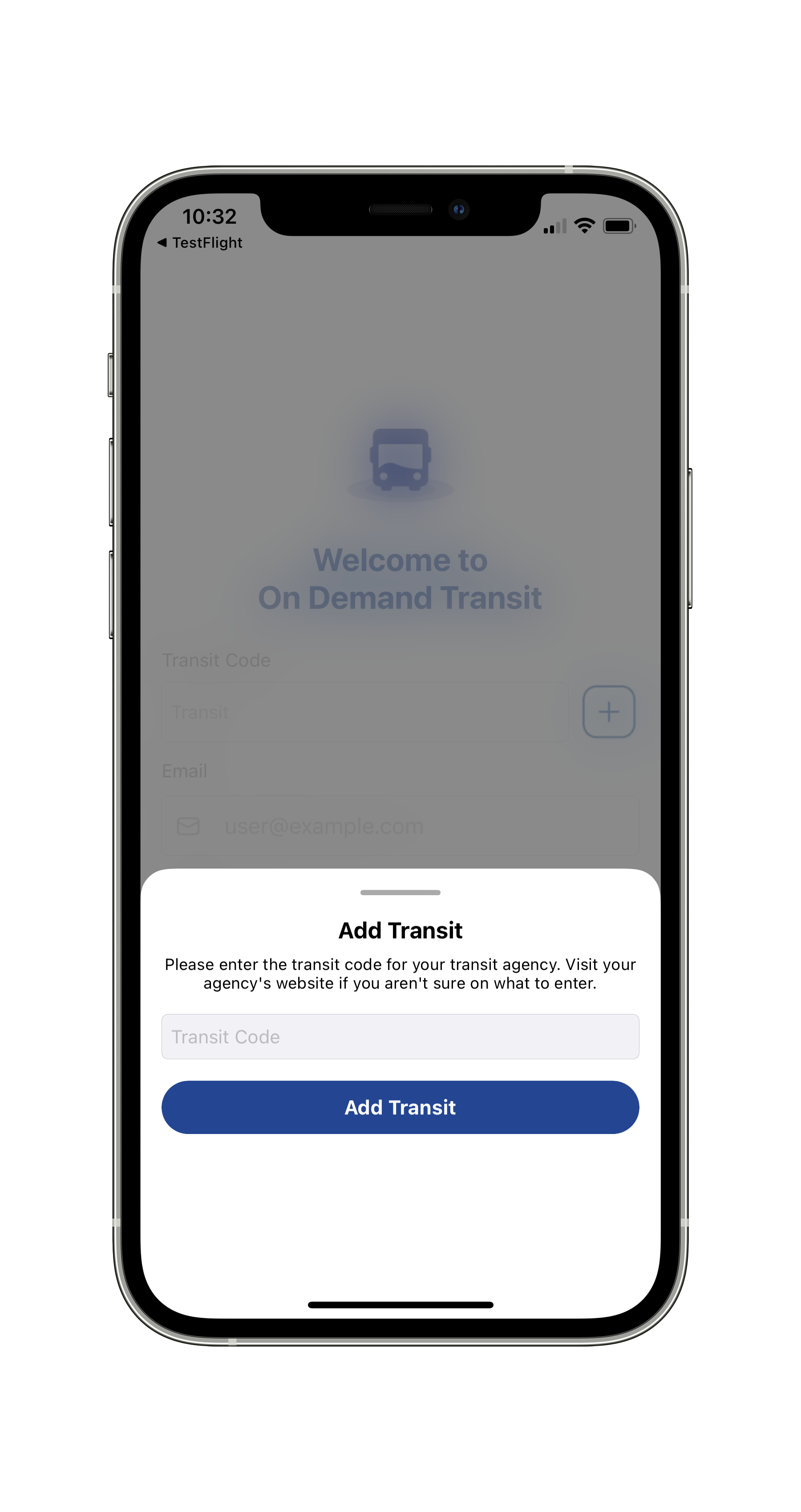 A screenshot of the transit code field on the mobile app
